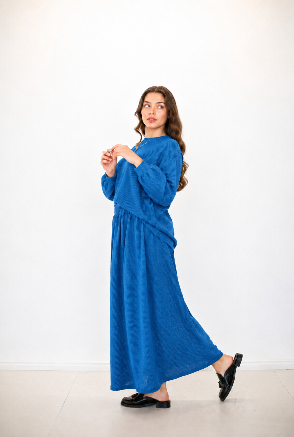 Blue Rib Knit Skirt Set