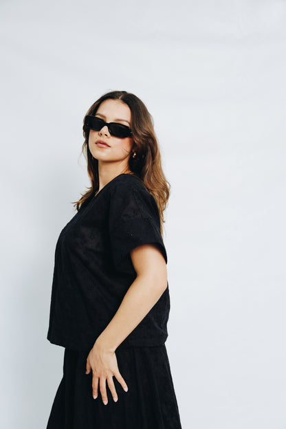 Black Anglaise Skirt & V-Neck Tunic Set