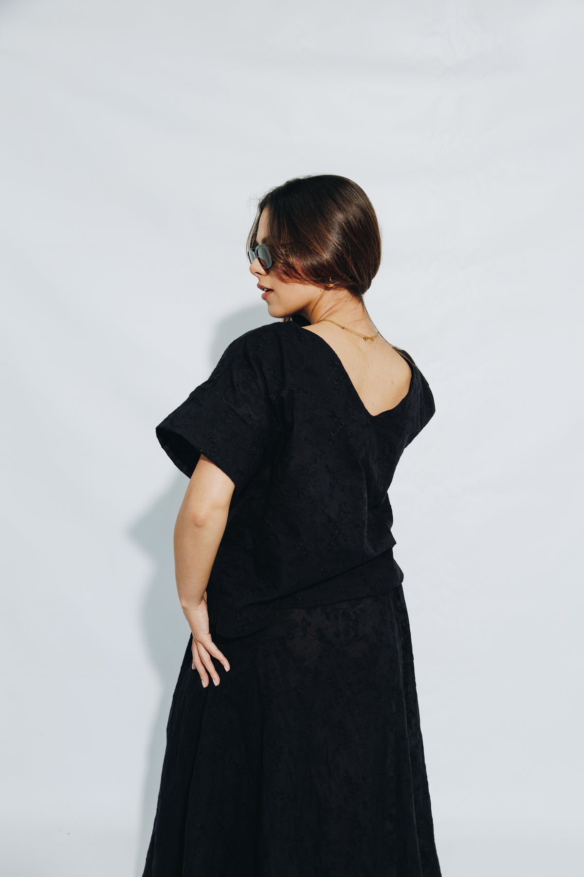Black Anglaise Skirt & V-Neck Tunic Set