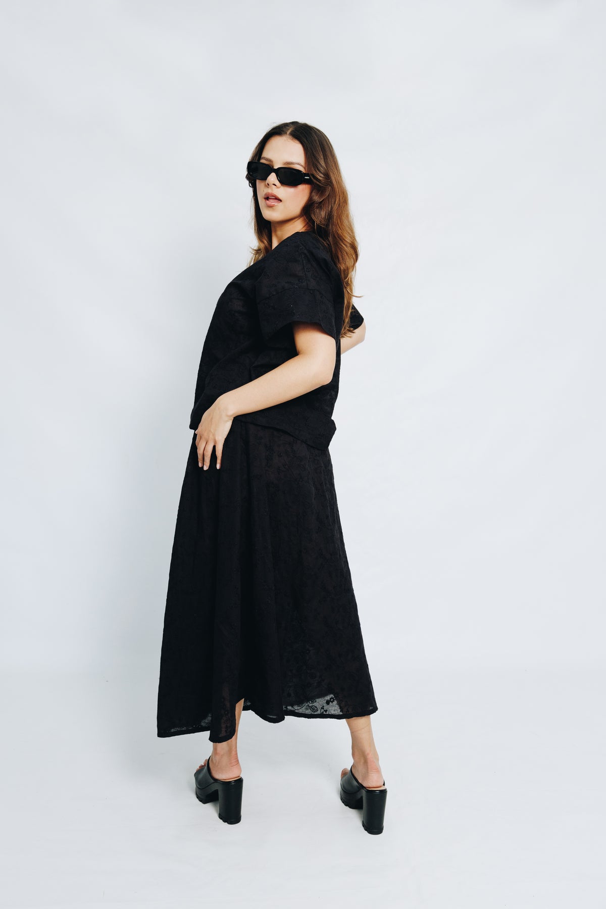 Black Anglaise Skirt & V-Neck Tunic Set