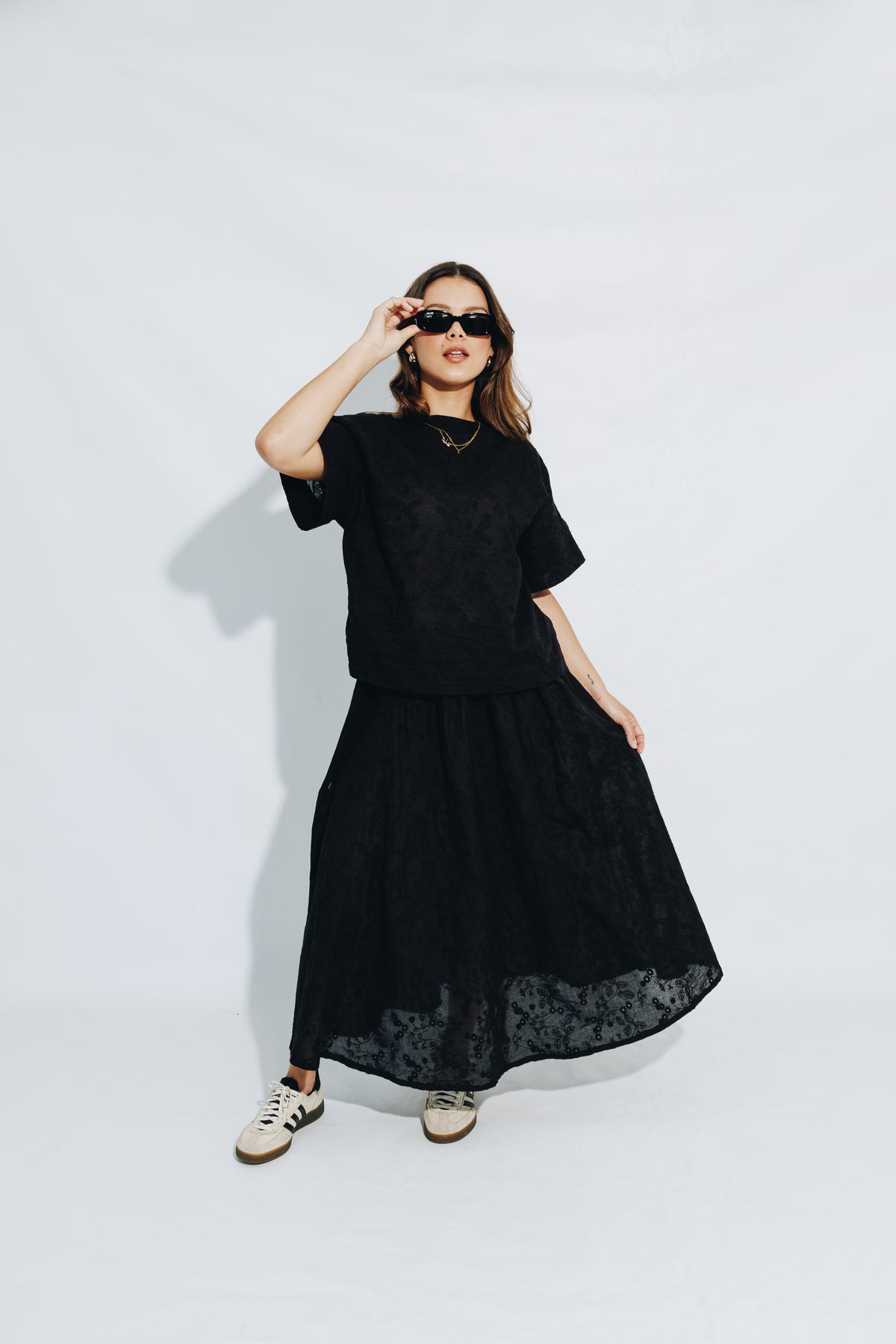 Black Anglaise Skirt & V-Neck Tunic Set