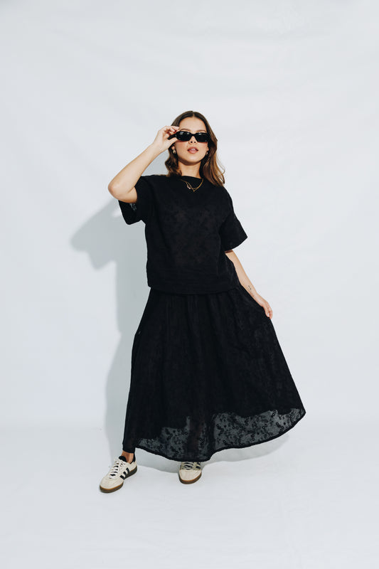 Black Anglaise Skirt & V-Neck Tunic Set